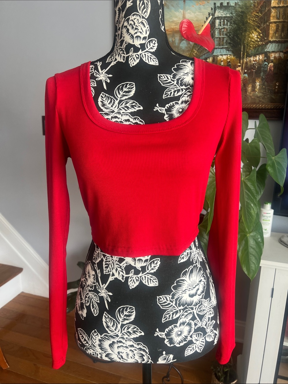 SHEIN Red Long-Sleeve Ribbed Scoop Crop Top